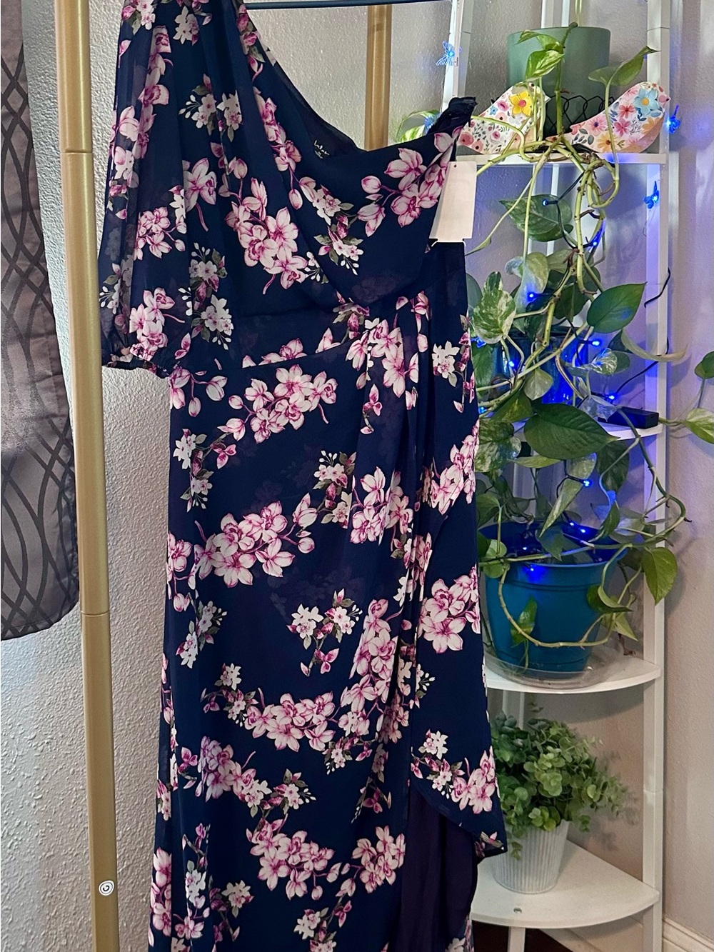 Lulu's Navy One-Shoulder Floral Wrap Dress